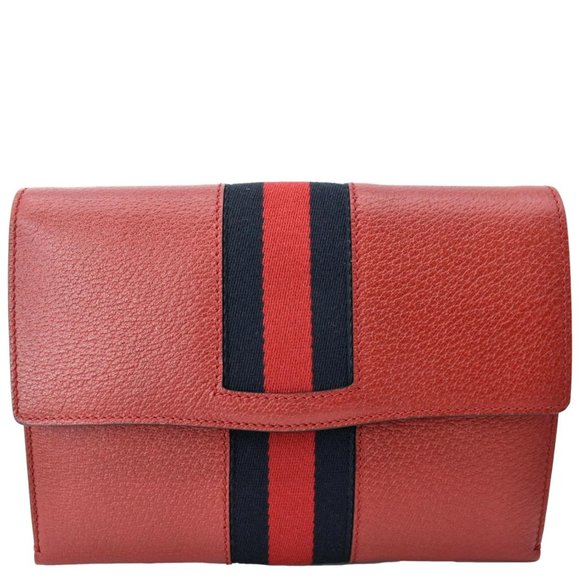 GUCCI  Totem Web Leather Clutch Bag Red - Picture 1 of 10